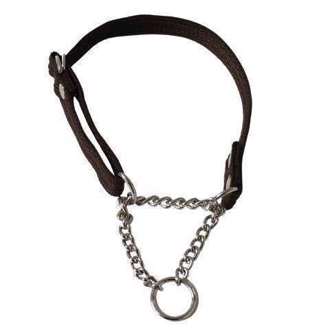 Webbing halsbånd med kæde, brun,  small thumbnail